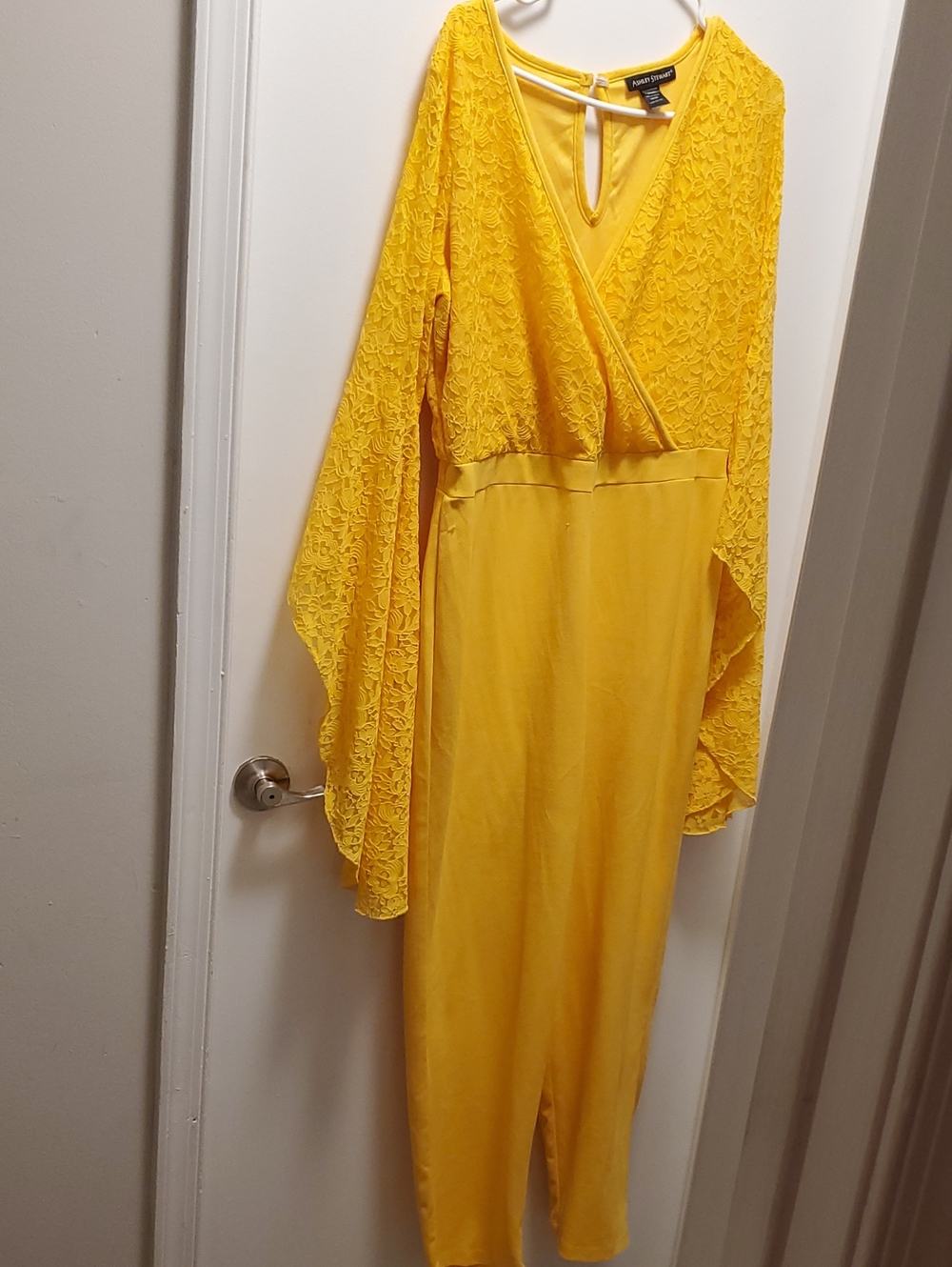 Ashley Stewart Yellow Lace Wrap Long-Sleeve Jumpsuit